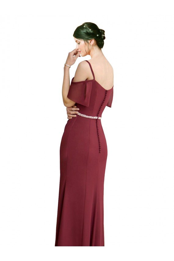 Affordable Draped Cold Shoulder Long Chiffon Bridesmaid Dress with Spaghetti Straps