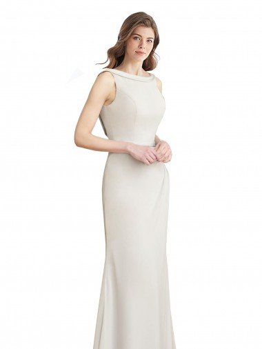 Affordable Long Chiffon Bridesmaid Dress with Boat Neckline and Satin Collar