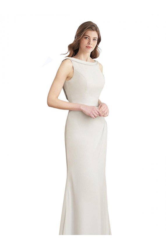Affordable Long Chiffon Bridesmaid Dress with Boat Neckline and Satin Collar