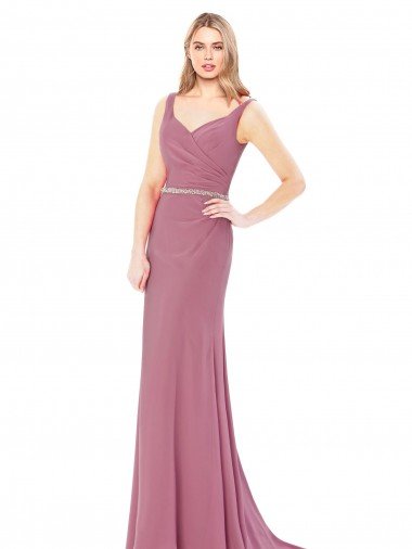 Affordable Long Slim Chiffon Bridesmaid Dress / Prom Dress with Beaded Waist