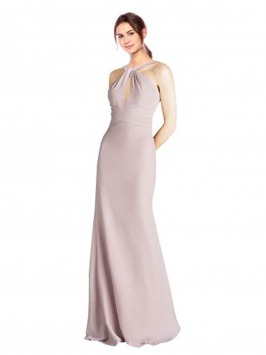 Affordable Long Slim Chiffon Bridesmaid Dress with Ruffled Waist and Keyhole