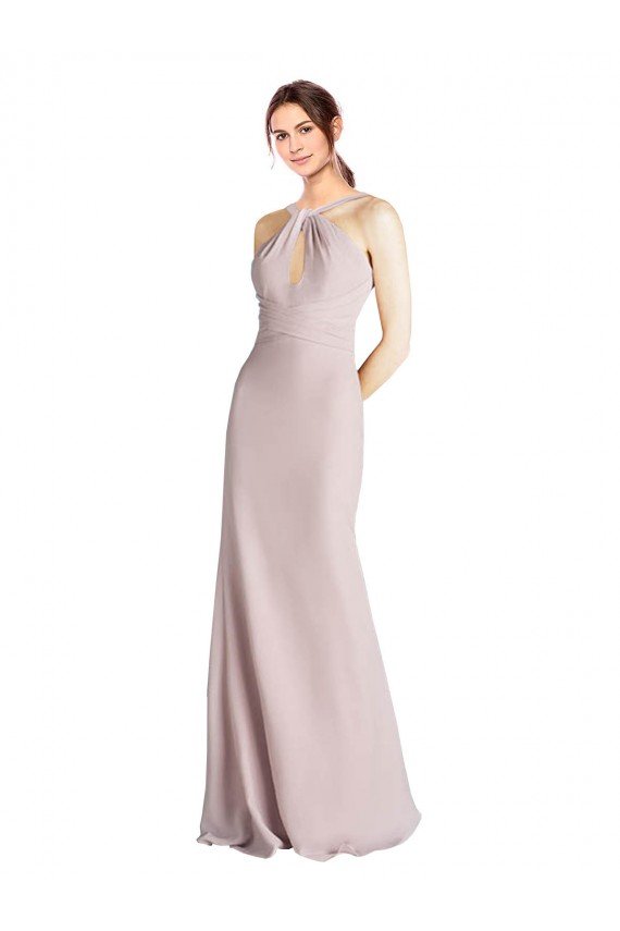 Affordable Long Slim Chiffon Bridesmaid Dress with Ruffled Waist and Keyhole
