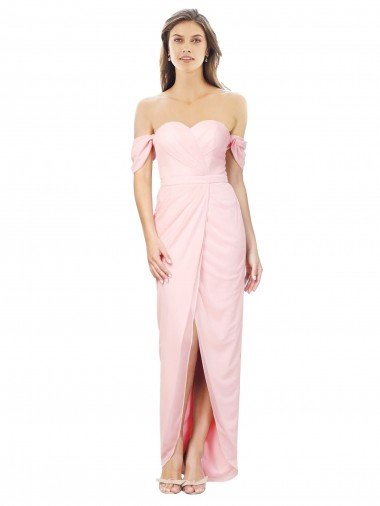 Affordable High Low Off the Shoulder Strapless Ruched Chiffon Bridesmaid Dress