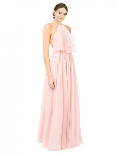 Affordable Halter Neck Chiffon Bridesmaid Dress with Double Ruffle Front