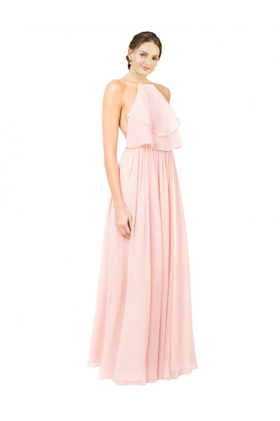 Affordable Halter Neck Chiffon Bridesmaid Dress with Double Ruffle Front