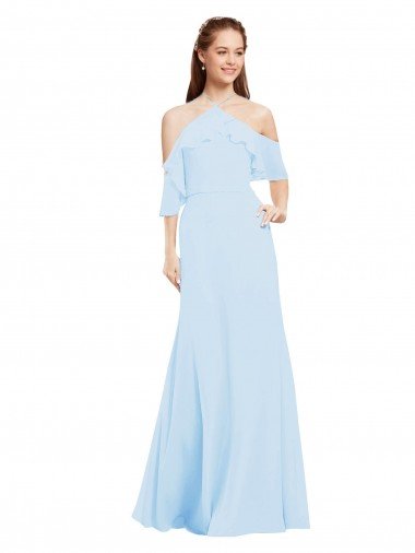 Affordable Chiffon Halter Neck Bridesmaids Dress with Flounced Neckline
