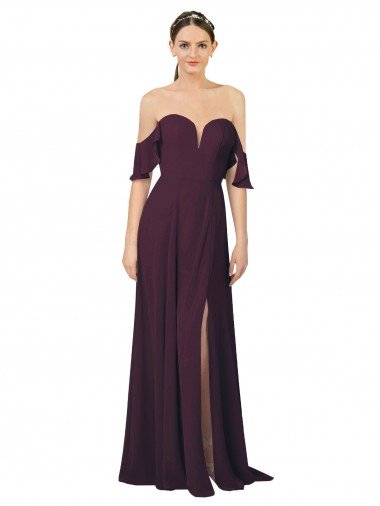 Affordable Romantic Off-Shoulder Chiffon Bridesmaid Dress with Plunging V-Neck