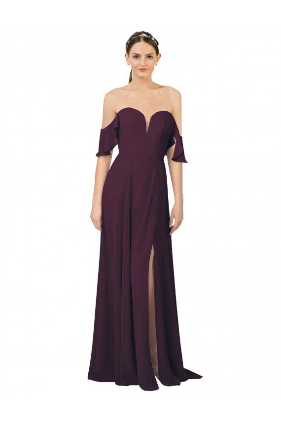 Affordable Romantic Off-Shoulder Chiffon Bridesmaid Dress with Plunging V-Neck