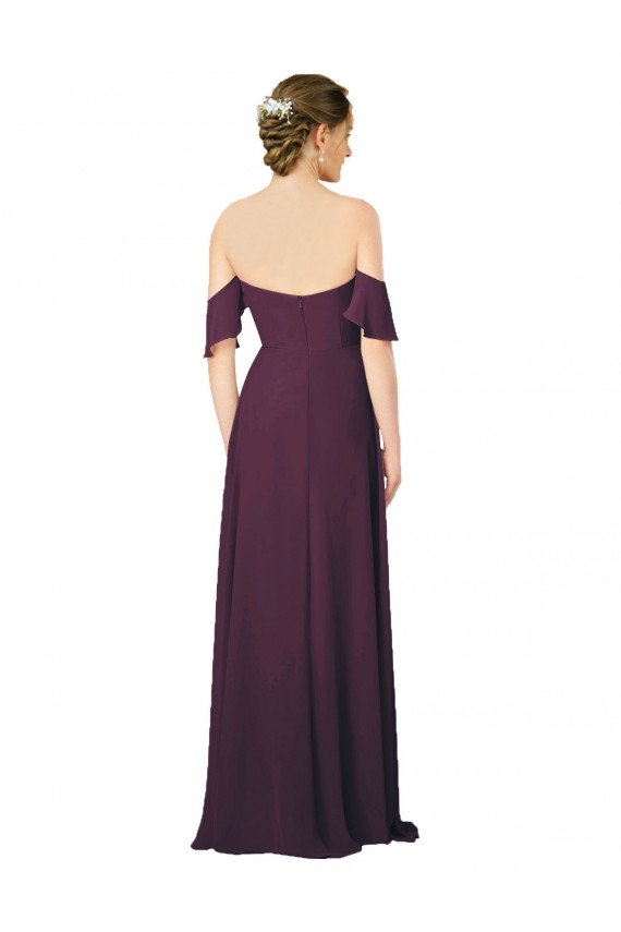 Affordable Romantic Off-Shoulder Chiffon Bridesmaid Dress with Plunging V-Neck
