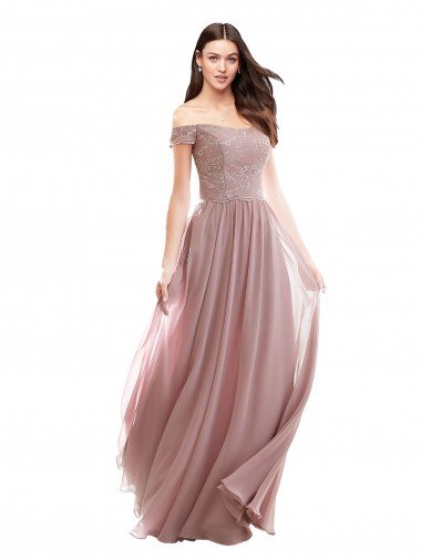Affordable Floor Length Chantilly Lace Off the Shoulder Chiffon Bridesmaid Dress