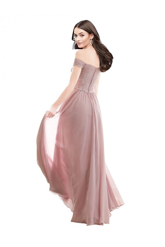 Affordable Floor Length Chantilly Lace Off the Shoulder Chiffon Bridesmaid Dress