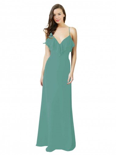 Affordable Full Length Chiffon Bridesmaid Dress with Ruffled V-Neckline