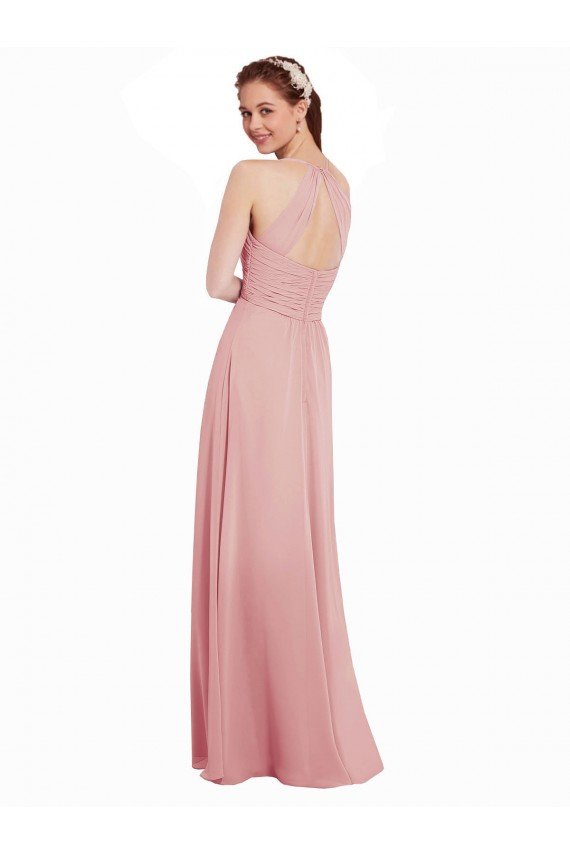 Affordable Chiffon Bridesmaids Dress with Draped Bodice and Keyhole Back