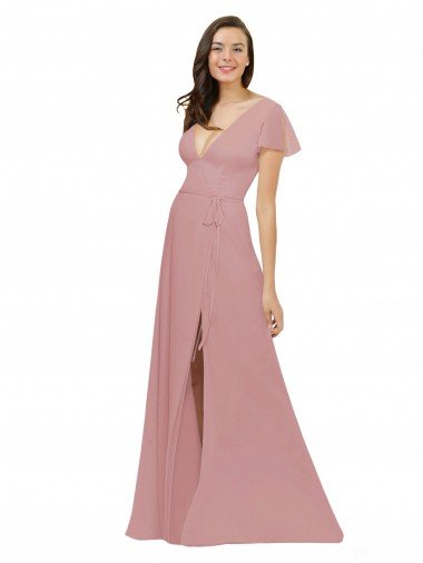 Affordable Flutter Sleeves Short Chiffon Bridesmaid Dress with Tie Belt