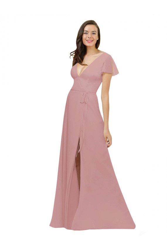 Affordable Flutter Sleeves Short Chiffon Bridesmaid Dress with Tie Belt