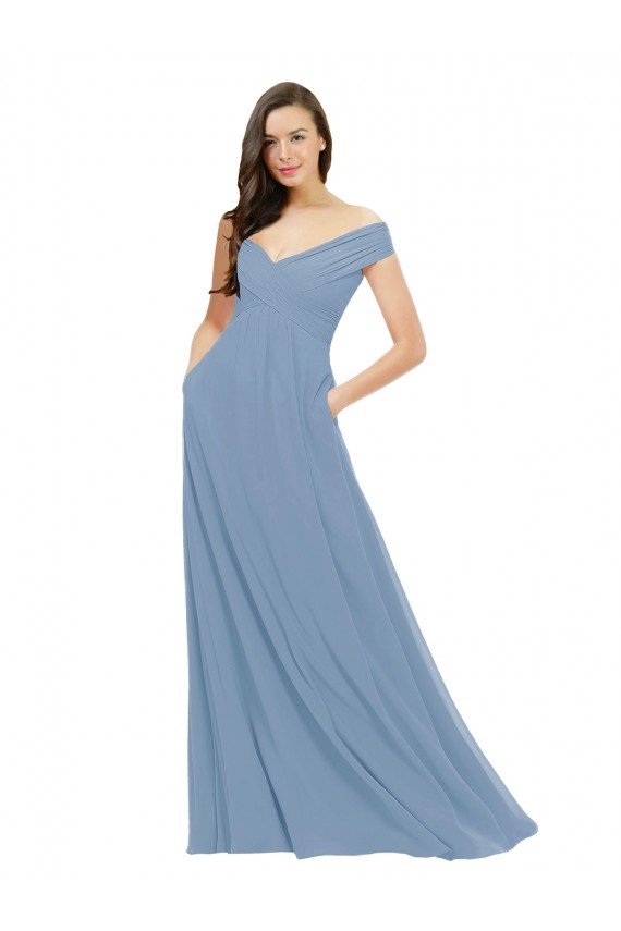 Affordable Chiffon Bridesmaid Dress with Classic Off the Shoulder Neckline