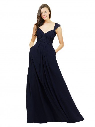 Affordable Chiffon Bridesmaid Dress with Rouched Draped Bodice and Watteau Back