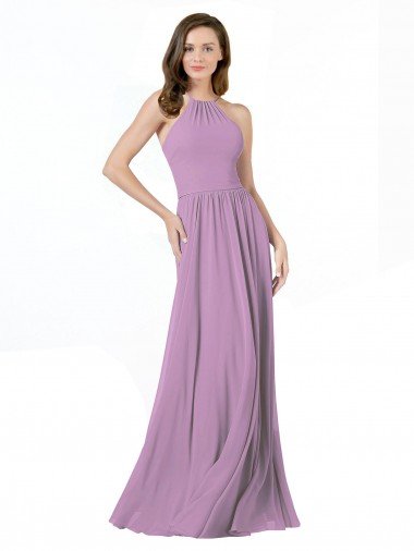 Affordable High Halter Chiffon Bridesmaid Dress with Ruffle Details Back