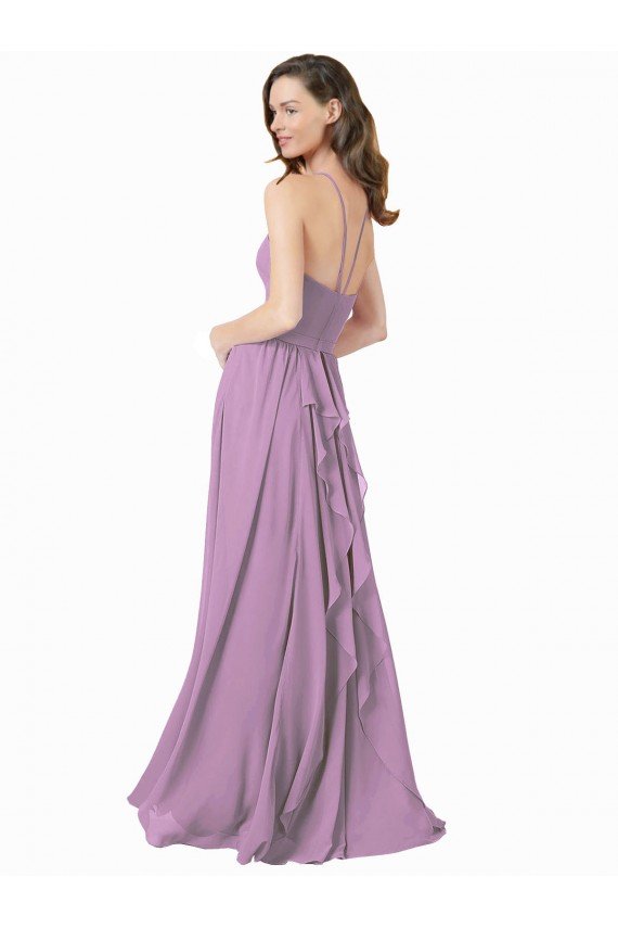 Affordable High Halter Chiffon Bridesmaid Dress with Ruffle Details Back