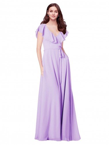 Affordable Flutter Sleeves V-Neck Chiffon Bridesmaid Dress