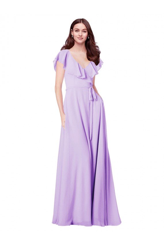 Affordable Flutter Sleeves V-Neck Chiffon Bridesmaid Dress