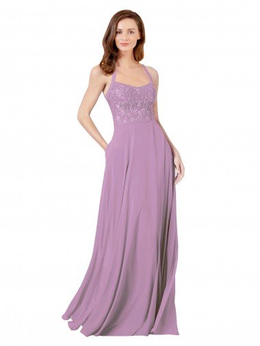 Affordable Floral Detailed Chiffon Bridesmaid Dress with Keyhole Back