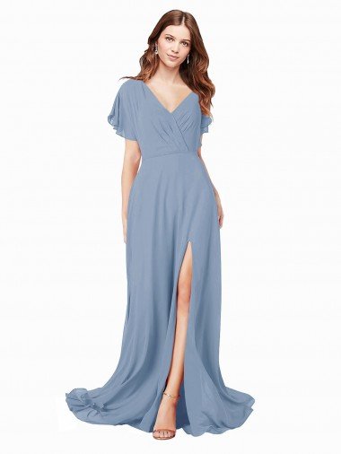 Affordable Chiffon Bridesmaid Dress / Prom Dress with Flutter Sleeves and Front Slit