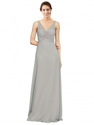 Affordable V-Neck Chiffon Bridesmaid Dress with Illusion Gathered Bodice