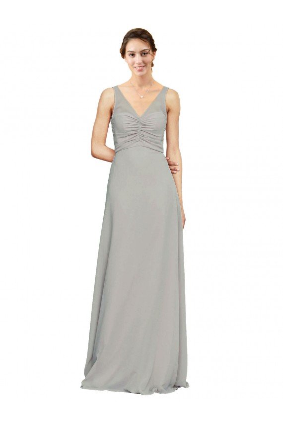 Affordable V-Neck Chiffon Bridesmaid Dress with Illusion Gathered Bodice
