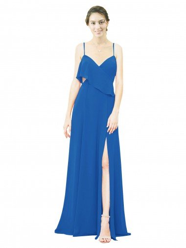Affordable Spaghetti Strap Chiffon Bridesmaids Dress with Asymmetrical Ruffle and Front Slit