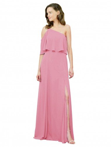 Affordable Sleeved One Shoulder Chiffon Bridesmaids Dress with Draped Ruffle Overlay