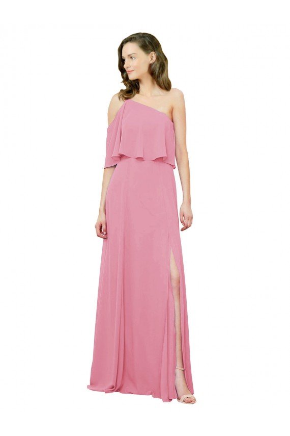 Affordable Sleeved One Shoulder Chiffon Bridesmaids Dress with Draped Ruffle Overlay