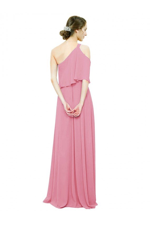 Affordable Sleeved One Shoulder Chiffon Bridesmaids Dress with Draped Ruffle Overlay