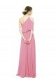 Affordable Sleeved One Shoulder Chiffon Bridesmaids Dress with Draped Ruffle Overlay
