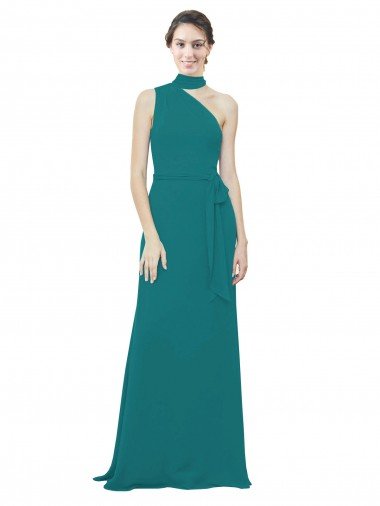 Affordable One Shoulder Chiffon Bridesmaids Dress with Scarf Tie Neckline