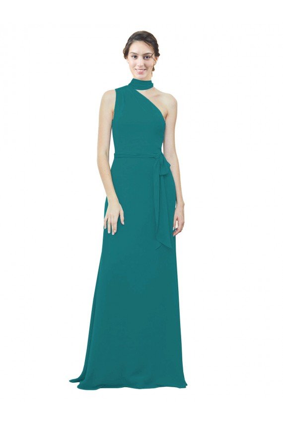 Affordable One Shoulder Chiffon Bridesmaids Dress with Scarf Tie Neckline