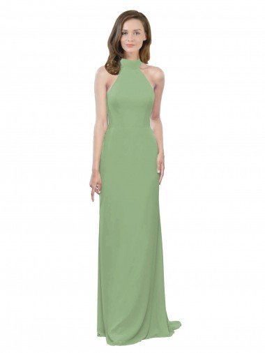 Affordable High Collar Halter Neck Chiffon Bridesmaid Dress with Long Back Tie
