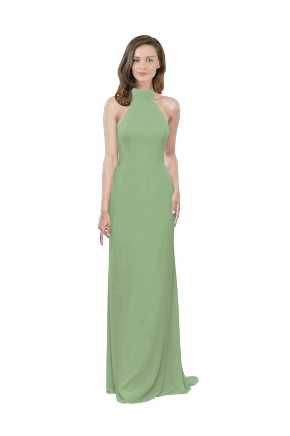 Affordable High Collar Halter Neck Chiffon Bridesmaid Dress with Long Back Tie