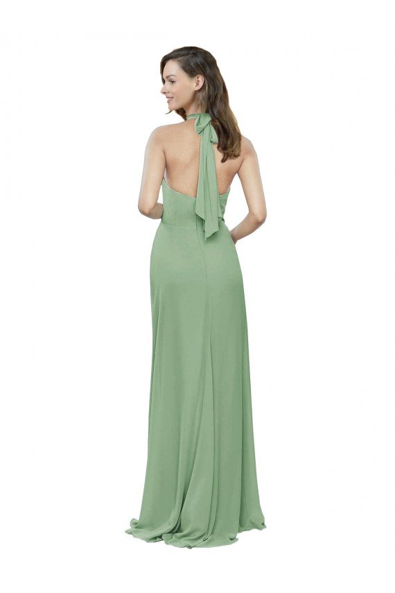 Affordable High Collar Halter Neck Chiffon Bridesmaid Dress with Long Back Tie
