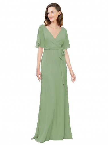 Affordable Chiffon V-Neckline Wrap Bridesmaids Dress With Double Flutter Sleeve