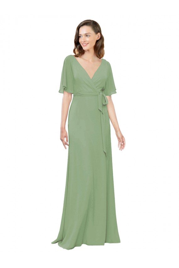 Affordable Chiffon V-Neckline Wrap Bridesmaids Dress With Double Flutter Sleeve