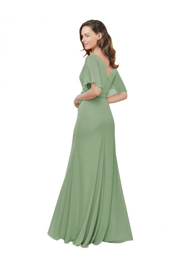 Affordable Chiffon V-Neckline Wrap Bridesmaids Dress With Double Flutter Sleeve