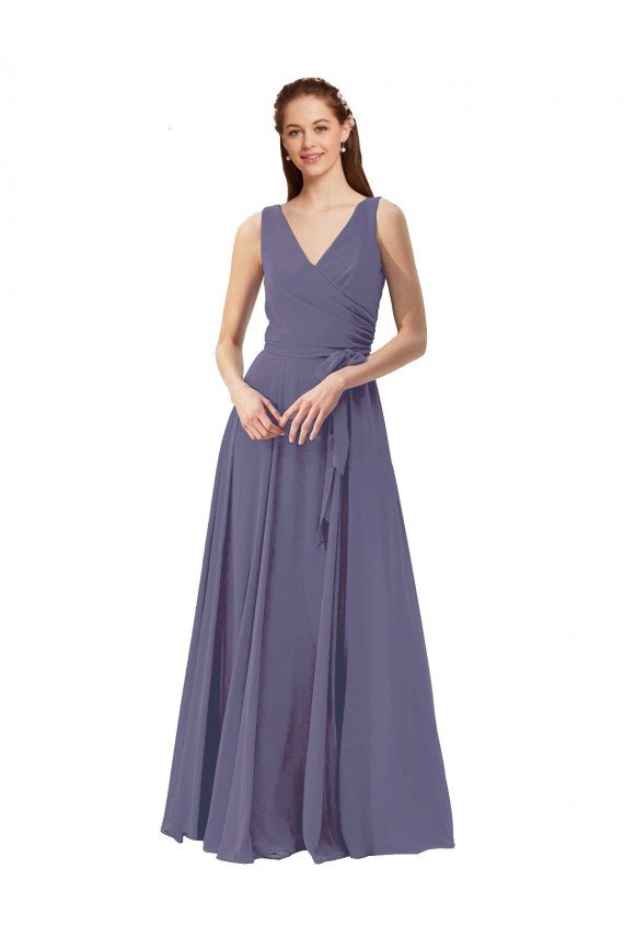 Affordable V-Neck Long Draped A-Line Chiffon Bridesmaid Dress
