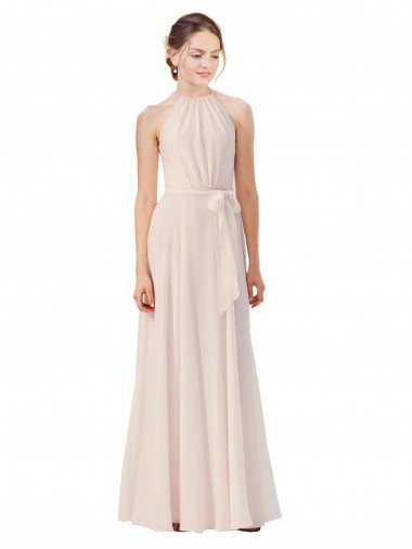 Affordable Tie Neck Long Chiffon A-Line Bridesmaid Dress with Sheer Back