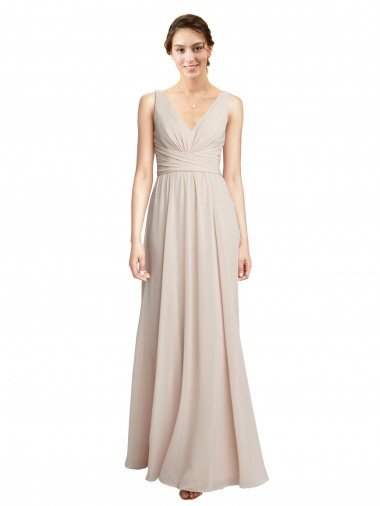 Affordable Long V-Neck Chiffon Bridesmaids Dress with Double Straps