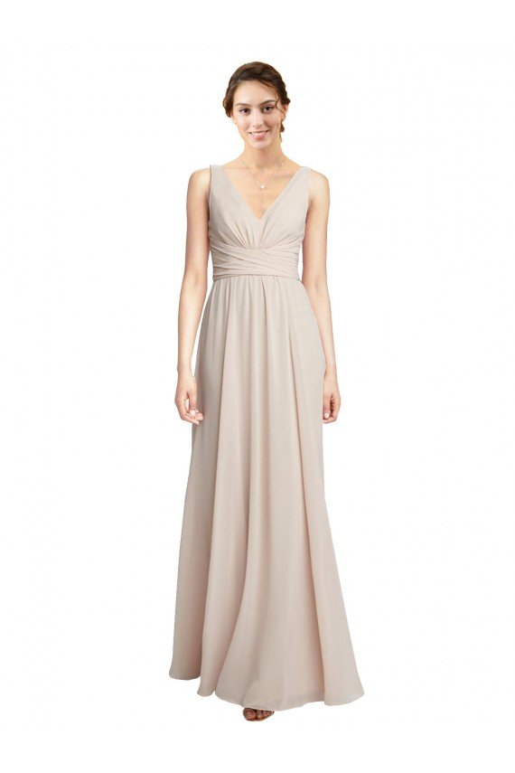 Affordable Long V-Neck Chiffon Bridesmaids Dress with Double Straps