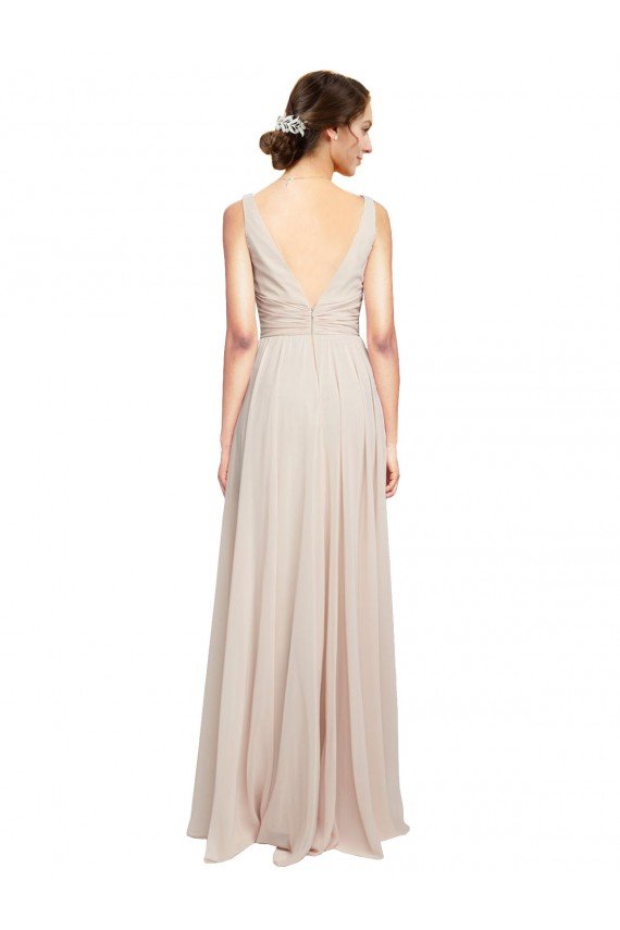 Affordable Long V-Neck Chiffon Bridesmaids Dress with Double Straps