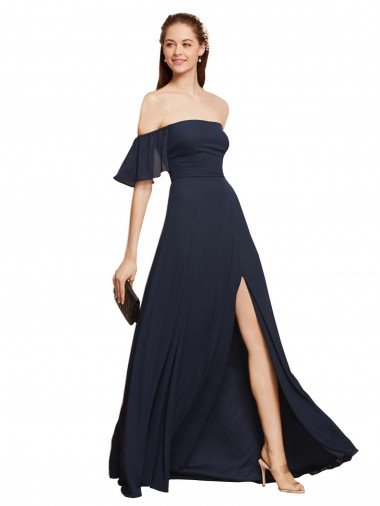 Affordable Off the Shoulder Floaty Sleeves Chiffon Bridesmaid Dress / Prom Dress with High Slit