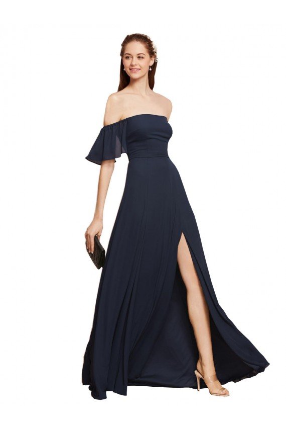 Affordable Off the Shoulder Floaty Sleeves Chiffon Bridesmaid Dress / Prom Dress with High Slit