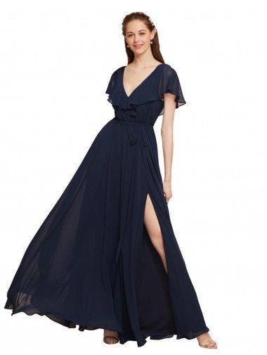 Affordable Long V-Neck Chiffon Bridesmaid Dress with Slit and V-Back